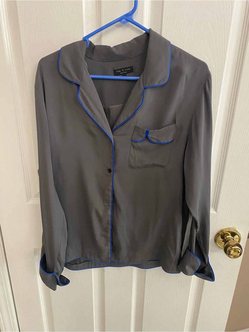 rag & bone Gray Blouse with Blue Trim